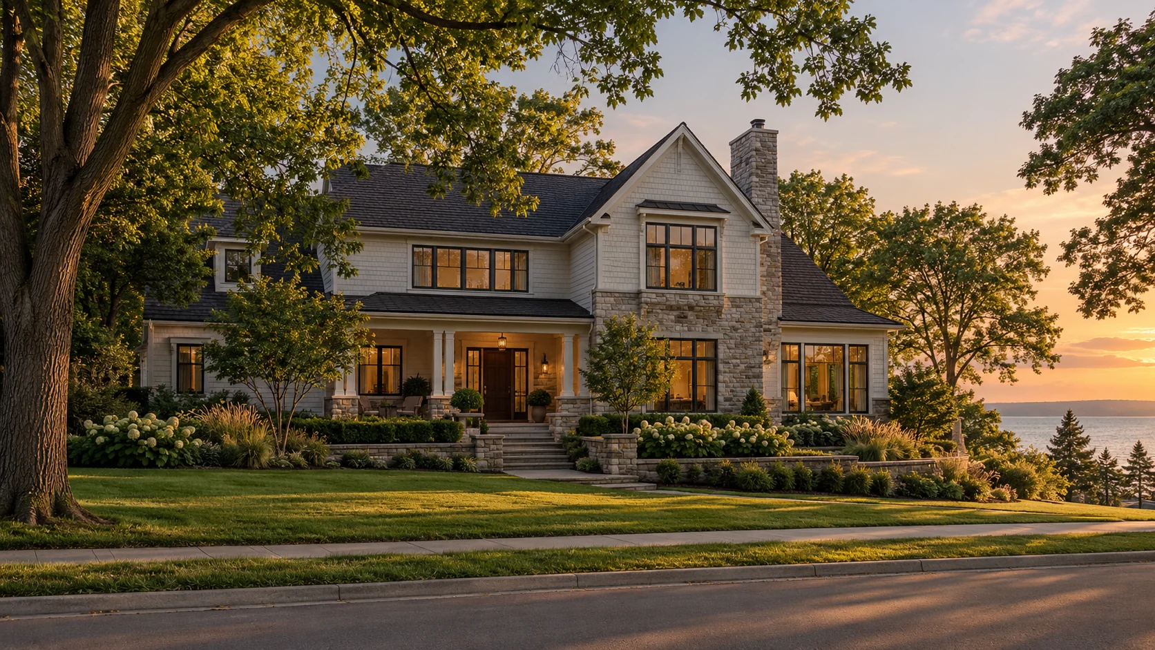 A tree-lined home at sunset with a lake in the distance